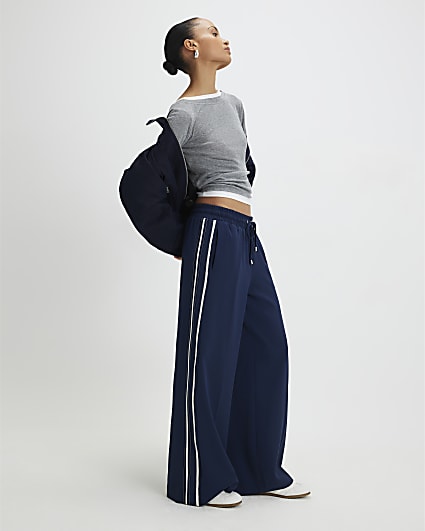 Navy Side Stripe Wide Leg Joggers