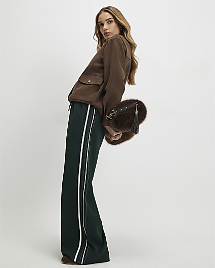 Green Side Stripe Drawstring Wide Leg Joggers