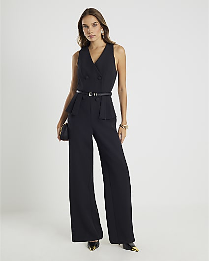 Black Belted Pleated Waist Jumpsuit