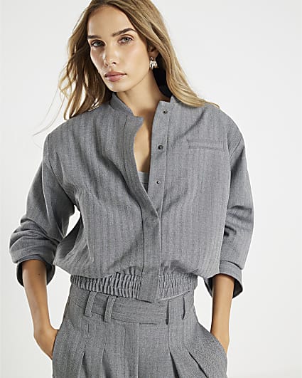 Grey Long Sleeve Herringbone Bomber Jacket