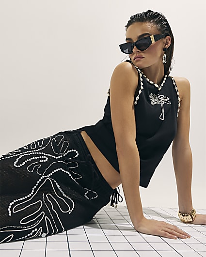 Black Cutwork Palm Tree Ribbed Vest