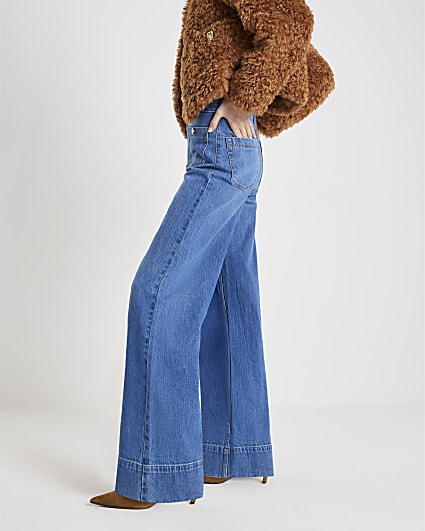 Blue High Rise Front Pocket Palazzo Jeans