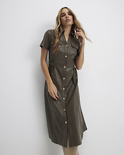 Khaki Faux Leather Midi Shirt Dress