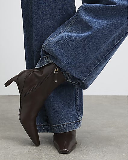 Brown Block Heel Stretch Sock Boots