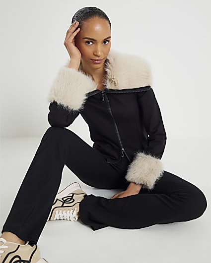 Black Fur Trim Zip Through Jacket