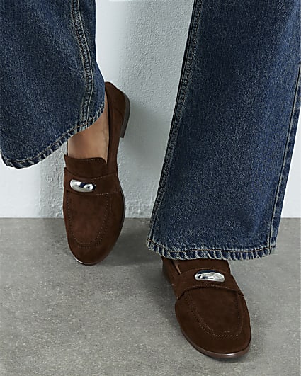 Brown Faux Suede Silver Detail Loafers