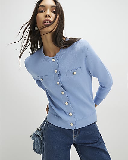 Blue Knit Fitted Scallop Trim Cardigan