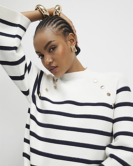 Cream Striped Ribbed Button Jumper