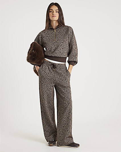 Brown Leopard Print Wide Leg Joggers