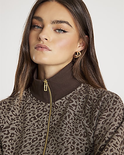 Brown Leopard Print Zip Neck Sweatshirt