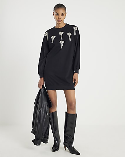 Black Embellished Sweatshirt Dress