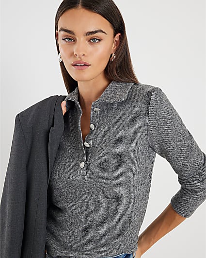 Grey Long Sleeve Polo Top
