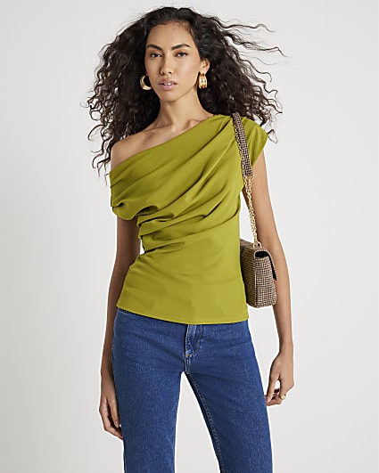 Green Short Sleeve Drape Scuba Top