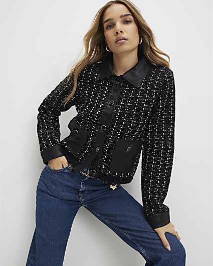 Black Boucle Faux Leather Trim Cardigan