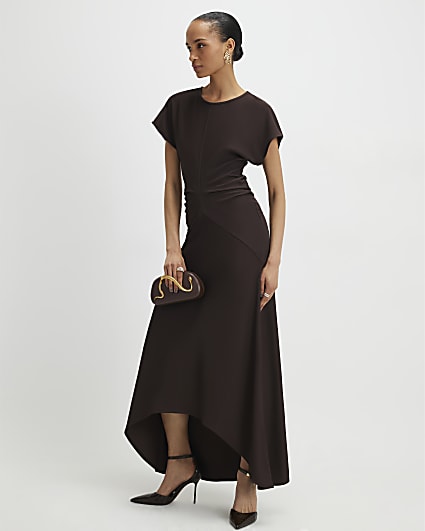 Brown Short Sleeve Cinched Waist Maxi Dress
