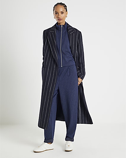 Navy Pinstripe Tapered Trousers