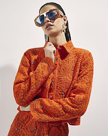 Orange Crochet Long Sleeve Embellished Shirt