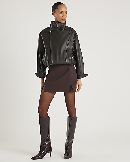 Brown Faux Leather Split Hem Mini Skirt