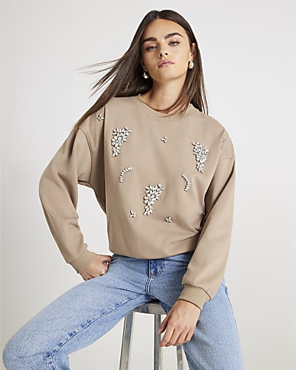 Beige Long Sleeve Embellished Sweatshirt