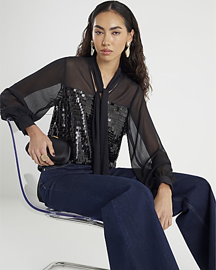 Black Sequin Pussybow Top