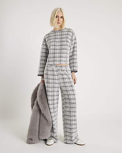 Grey Boucle Check Print Wide Leg Trousers