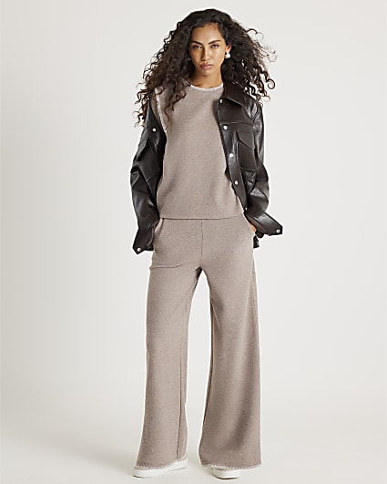 Brown Whipstitch Wide Leg Joggers