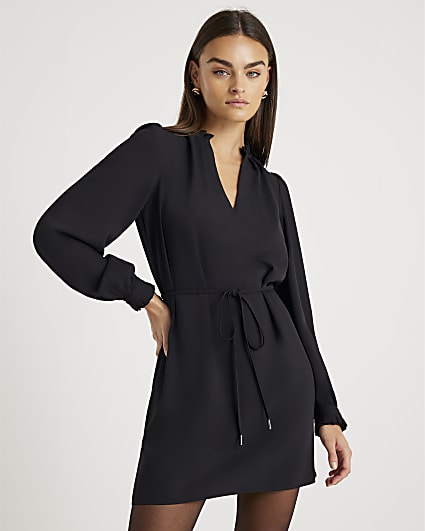 Black Long Sleeve Tie Waist Mini Dress