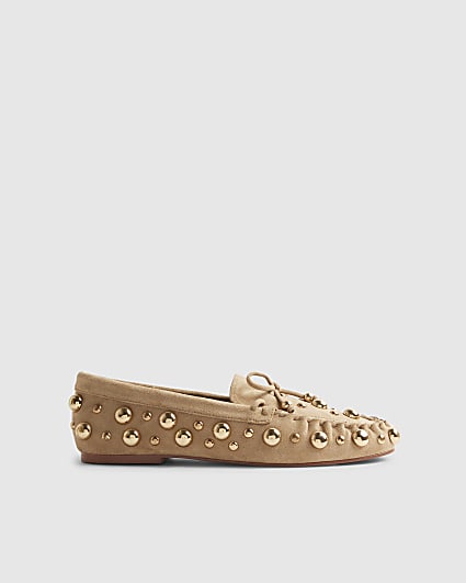 Brown Suede Studded Loafers