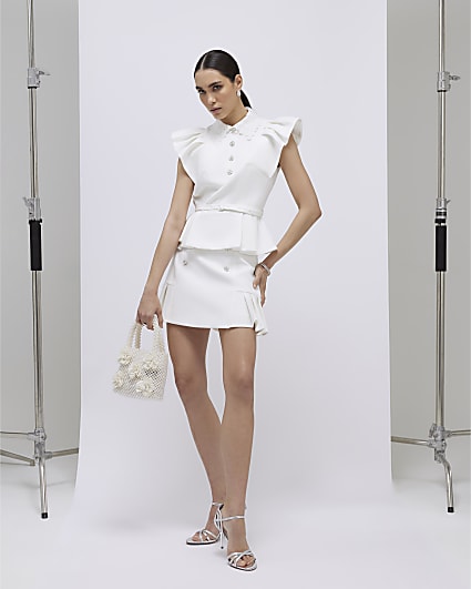 White Frill Sleeve Diamante Peplum Top