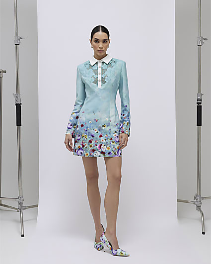 Green Floral Lace Trim Collared Mini Dress