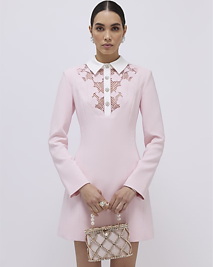 Pink Lace Trim Collared Mini Dress