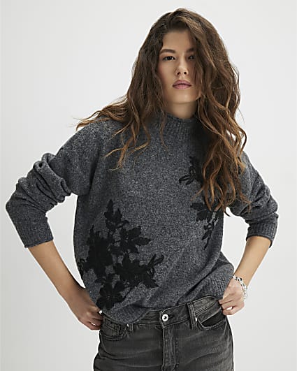 Grey Knitted Floral Applique Jumper