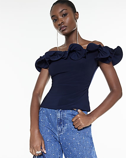 Navy Frill Bardot Top
