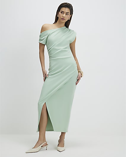Green Stretch Drape Midi Dress