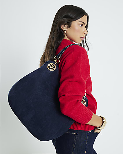 Navy Branded Eyelet Slouch Shoulder Bag