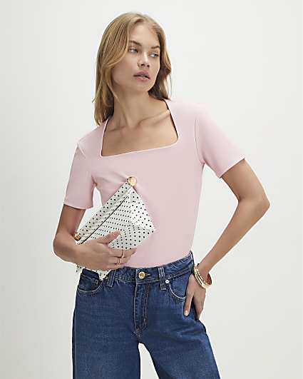 Pink Square Neck Fitted Top