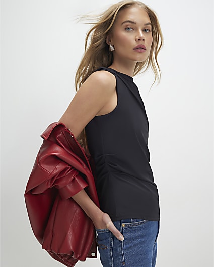 Black Sleeveless Slash Neck Top