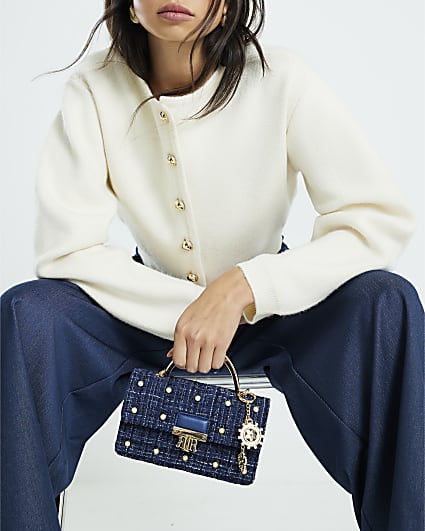 Blue Boucle Metal Handle Quilted Tote Bag