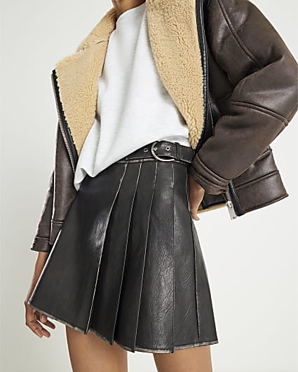 Black Faux Leather Pleated Mini Skirt