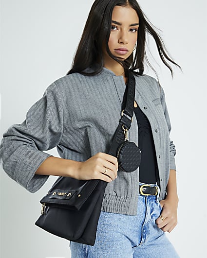 Black Nylon Flap Over Messenger bag