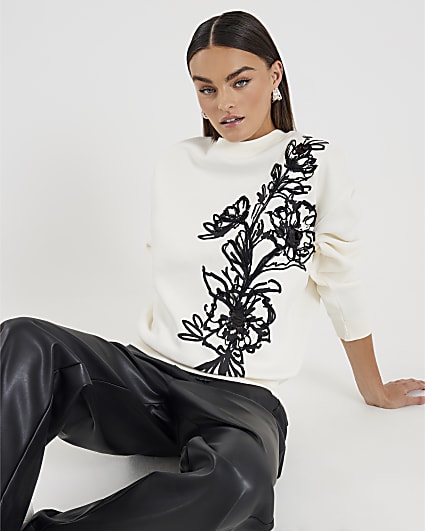 Cream Long Sleeve Floral Applique Sweatshirt