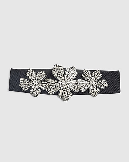 Black 3D Diamante Flower Belt