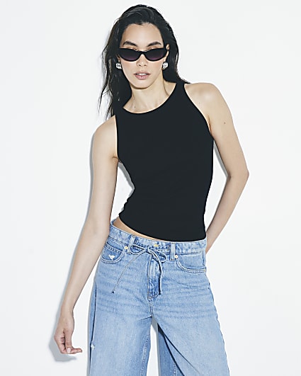 Black Sleeveless Ribbed Tank Top