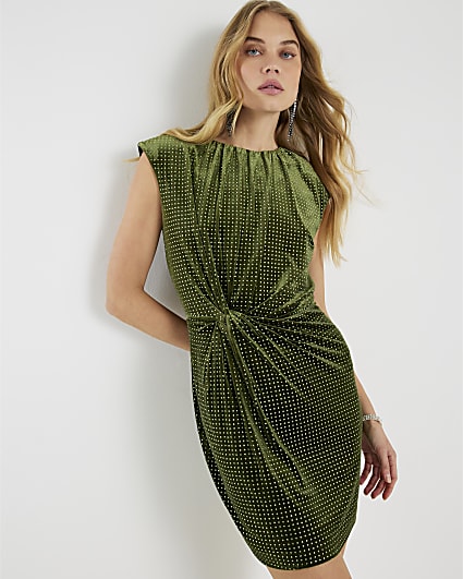 Green Velvet Diamante Twist Mini Dress
