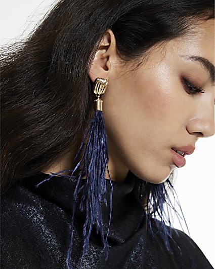 Beige Blue Feather Drop Earrings