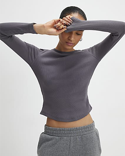 Grey Long Sleeve Ribbed Crew Neck Top