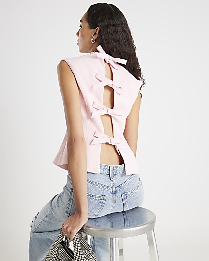 Pink Sleeveless Diamante Collar Bow Back Top