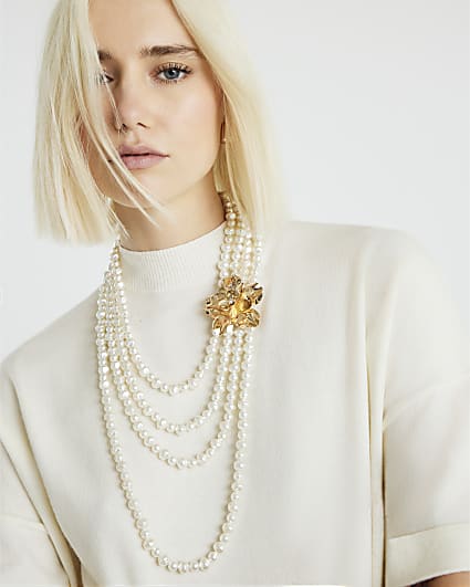White Pearl Floral Layered Necklace