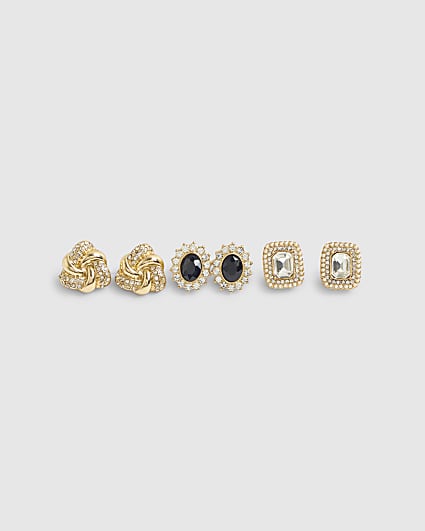 Gold Black Stone Stud Multipack Earrings