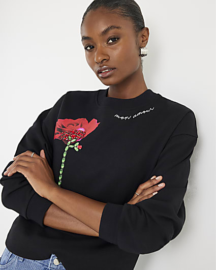 Black Long Sleeve Rose Diamante Sweatshirt